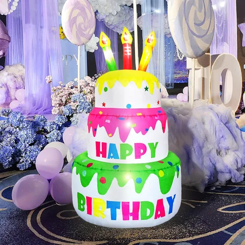 Miniatura 6 de Pastel inflable de cumpleaños de 4 pies de alto, regalo de cumpleaños novedoso, pastel de cumpleaños inflable con velas iluminadas, 6 luces LED