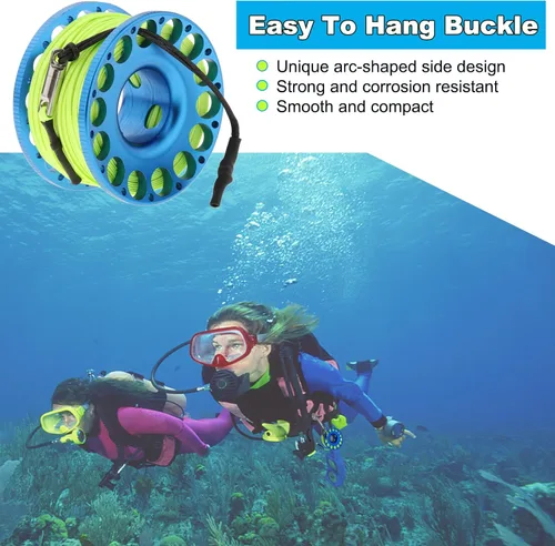 Miniatura 5 de Carrete de dedo de 98 pies para buceo, carrete ligero de aluminio con clip de perno de doble extremo para esnórquel