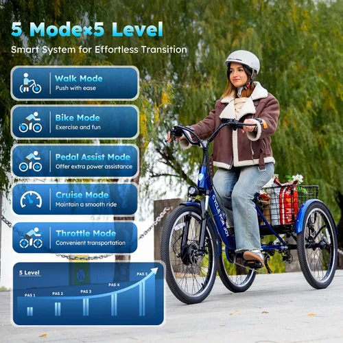 Miniatura 7 de Triciclo eléctrico para adultos, triciclo eléctrico de 7 velocidades con batería extraíble de 48V 624WH, autonomía de 70 millas en PAS 1, velocidad