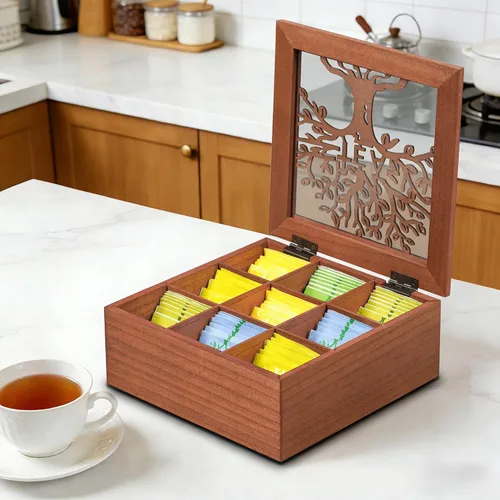 Miniatura 2 de Organizador de caja de té de madera, organizadores de té y almacenamiento con patrón de árbol, soporte para bolsa de té, caja organizadora