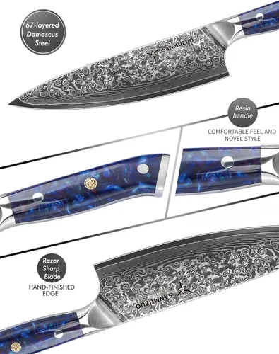 Miniatura 3 de Cuchillo de chef de 8 pulgadas, serie Xuan, VG10, cuchillo de cocina de acero damasco, mango de resina (azul zafiro)