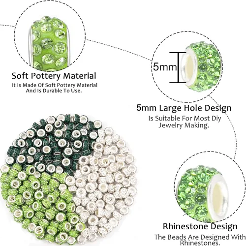 Miniatura 2 de ZYEHXED 200 cuentas espaciadoras europeas de agujeros grandes, cuentas verdes europeas para manualidades con diamantes de imitación, cuentas