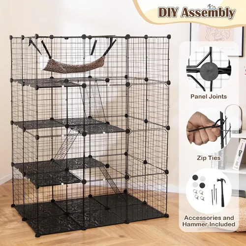 Miniatura 9 de Tangkula Jaula para Gatos de Interior, Recinto Grande para Gatos de 4 Niveles de 56" con Tragaluz, Hamaca, 3 Escaleras, Perrera de Alambre Metálico