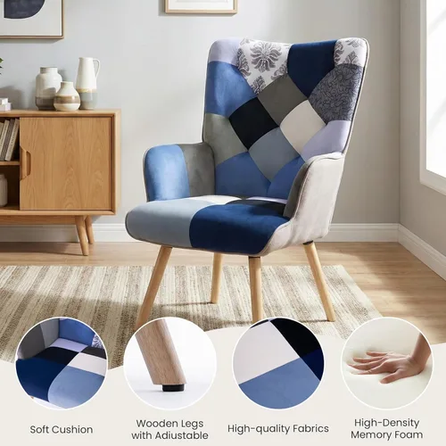 Miniatura 8 de Joysoul Silla decorativa para sala de estar, sillón moderno con respaldo alto, silla de tela de retazos bohemios, silla de lectura tapizada colorida