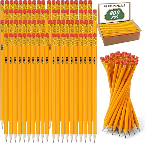 IKAYAS Paquete de 800 lápices HB #2 a granel, lápices afilados amarillos con borradores para niños, 2 lápices preafilados para suministros de