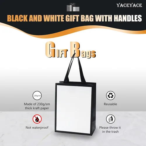 Miniatura 5 de Bolsas de regalo blancas y negras de tamaño mediano, 10 unidades de 8 x 4.25 x 10.5 pulgadas, papel kraft biodegradable, asas de cinta, perfectas