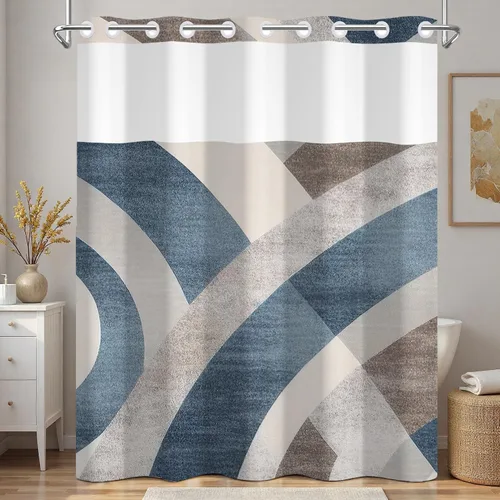 Miniatura 14 de No Hook Geometric Shower Curtain with Snap in Liner - 71″W x 74″L Waterproof Fabric with Mesh Top Window, Modern Abstract Triangle Design Bath