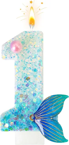 Miniatura 10 de Vela de sirena número 3, decoración de pastel de cola de sirena azul para decoración de fiesta de cumpleaños y aniversario de niñas (número 3)
