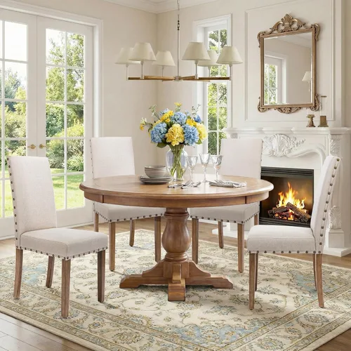 Miniatura 4 de Juego de sillas de cocina Parsons para comedor, tapizado moderno, elegante, de tela, con respaldo alto y ribete de cabeza de clavo color bronce