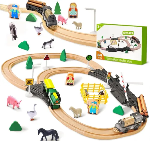 Juego de rieles de tren de madera para niños pequeños de 3 a 5 años – 54 piezas, juego de juguetes de ferrocarril de granja, ideal para rellenar