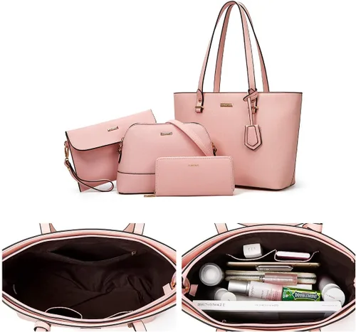Miniatura 192 de Juego de 4 bolsas modernos para mujer de cuero sintético: bolso tote, bolso de hombro, bolso de mano y cartera.