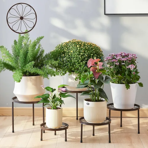 Soporte para plantas, paquete de 5 soportes resistentes para macetas, estantes de decoración de metal, estante redondo para plantas para macetas