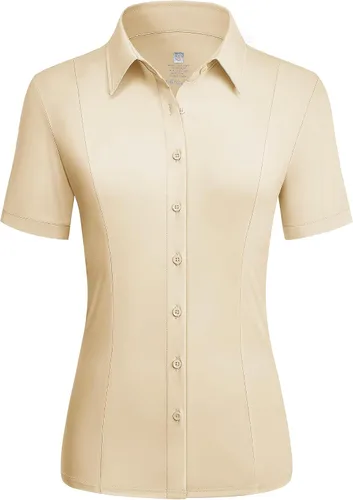 Miniatura 8 de Camisas con botones para mujer, elásticas, de manga corta, con cuello, sin arrugas, básica, de negocios, blusa de trabajo
