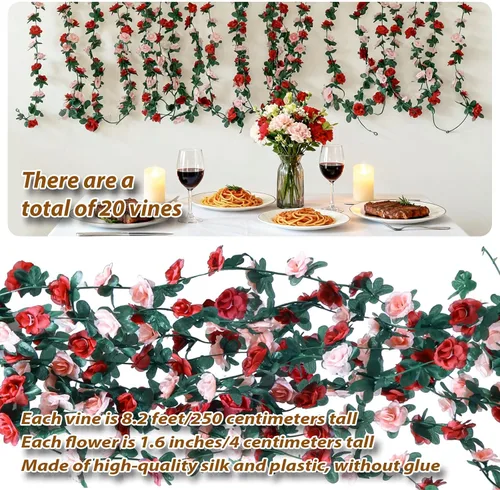 Miniatura 7 de Miracliy 8 guirnaldas de flores rojas de 66 pies, rosas artificiales de color naranja, guirnalda de flores falsas de primavera para telón de fondo