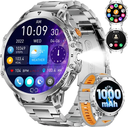 Reloj inteligente militar para hombre, pantalla grande HD de 1.85 pulgadas, llamada Bluetooth, 1000 mAh, linterna, monitor de sueño de frecuencia