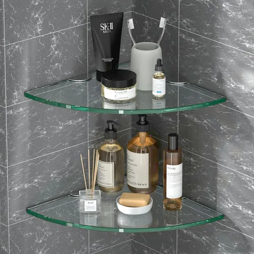 Miniatura 8 de Organizador de ducha de cristal esquinero, paquete de 2 estantes de vidrio templado de 0.315 in de grosor, sin perforaciones, montaje en pared