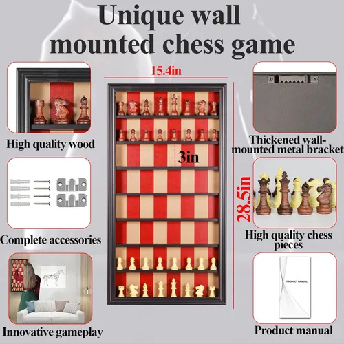 Miniatura 3 de Juego de mesa de ajedrez de montaje en pared, juego de ajedrez gigante de madera, vitrina colgante vertical, juego familiar, decoración artística