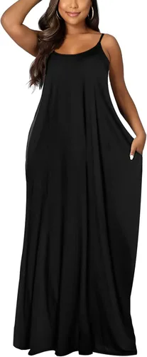 Miniatura 3 de OFEEFAN - Maxivestido de verano para mujer, diseño con tirantes delgados y bolsillos.