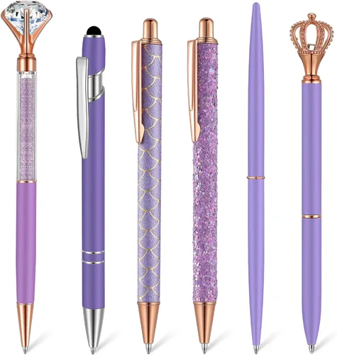 Miniatura 11 de Qeeenar Juego de 6 bolígrafos de bola de metal con cristales de diamante para diario, bonitos y brillantes, elegantes artículos de papelería, tinta