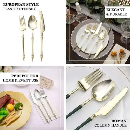 Miniatura 4 de Efavormart - Juego de 24 utensilios de plástico europeo con purpurina dorada con mango de columna romana, tenedor, cuchara y cuchillo desechables