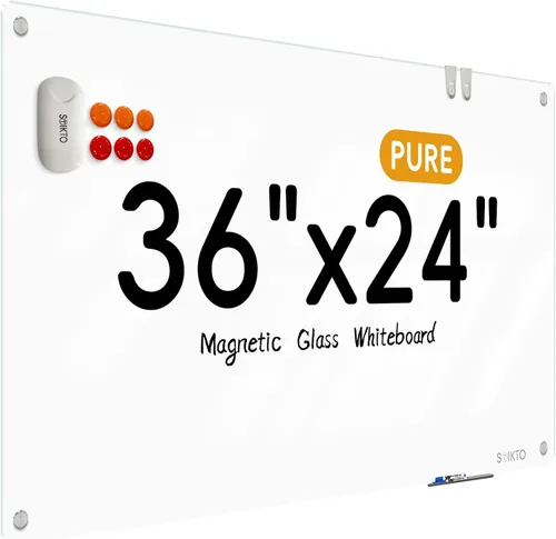 Pizarra blanca de cristal – Pizarra de cristal de borrado en seco de 36 x 24 pulgadas, pizarra magnética blanca pura para escritura, pizarras