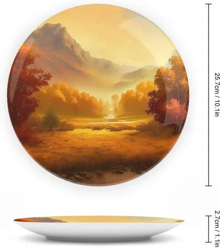 Miniatura 2 de Platos decorativos de otoño para colgar en la pared, pintura de montaña y río, bosque otoñal, placa de cerámica con soporte de exhibición, Otoño