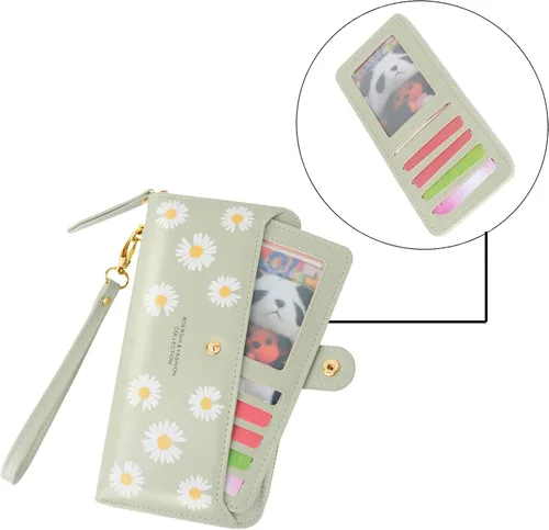 Miniatura 4 de Cartera de piel para mujer, con bloqueo RFID, bolsillo con cremallera, tarjetero, con ventana de identificación