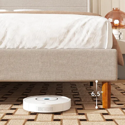 Miniatura 6 de Base de cama de tamaño matrimonial, plataforma tapizada de lino con cabecera con respaldo de ala, soporte de listones de madera, no necesita somier