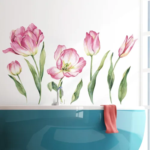 2 hojas de calcomanías de pared de flores rosas grandes, tulipán, flores, flores, jardín, hojas verdes, plantas, vinilo, bricolaje, decoración de