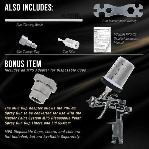 Miniatura 4 de Master Elite PRO-22 HVLP – Pistola pulverizadora de pintura a aire con punta de 0.039 pulgadas, taza de 150ml, manómetro de presión de aire