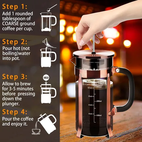 Miniatura 5 de YMMIND Cafetera de Prensa Francesa de Acero Inoxidable 304, Cafetera de Prensa Francesa con Sistema de 4 Filtros, Vidrio de Borosilicato Resistente