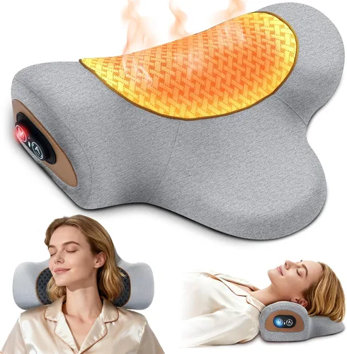 Almohada masajeadora de cuello recargable 3 en 1 con calor, vibración y tracción de aire, almohada térmica para el cuello, joroba, relajación Gris