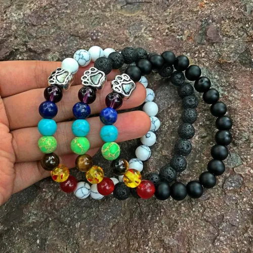 Miniatura 5 de 7 Chakra Natural Stone Paw Print Bracelet - Elastic Bracelets for Women, Pet Bracelet with Lava Rock Mala Beads - Dog Puppy Cat Animal