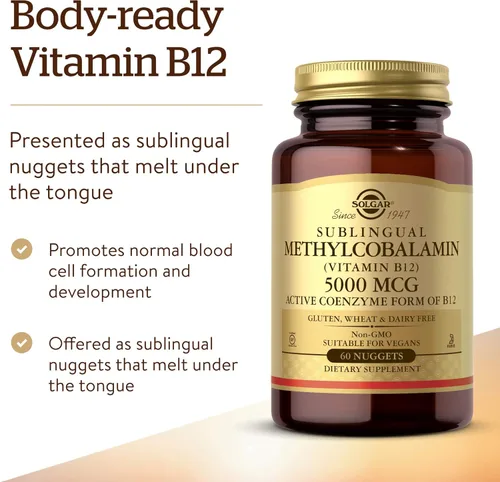 Miniatura 3 de Solgar Metilcobalamina (Vitamina B12) 5000 mcg, 60 Nuggets - Sabor a cereza - Apoya el metabolismo energético - Listo para el cuerpo, forma activa