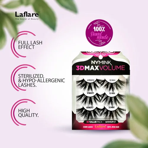 Miniatura 4 de Laflare 3D NY MAX VOLUME - Estilos dramáticos de 0.787-0.984 in de largo, pestañas de pelo de visón 100% real, maquillaje de lujo, natural, ligero