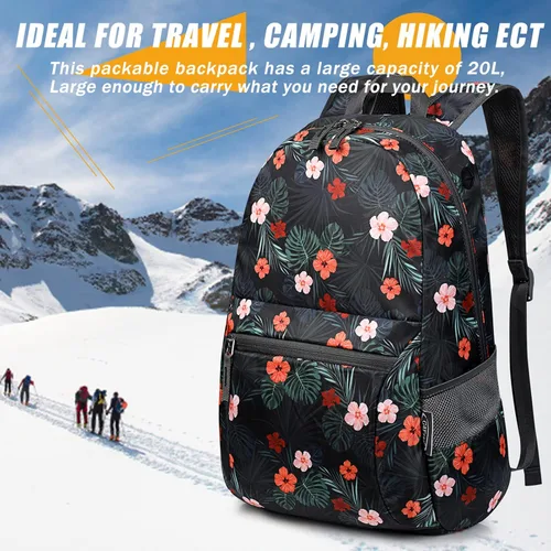 Miniatura 7 de G4Free Mochila Ligera Plegable de 20L para Viajes y Senderismo, Mochila de Día Plegable para Hombres y Mujeres B-flower Negro
