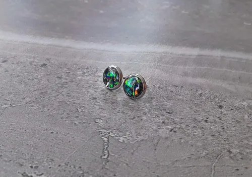 Miniatura 2 de Pendientes de confeti rellenos de ópalo de fuego negro con piedra natal de octubre de acero inoxidable