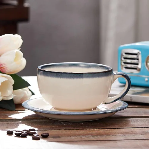 Miniatura 4 de Coffeezone Diseño Vintage 12 oz Taza de Barista de Café con Leche con Platillo para Arte de Café con Leche en Cerámica (Beige)
