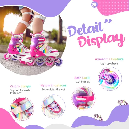Miniatura 2 de SULIFEEL Patines en línea de unicornio arcoíris para niñas y niños, 4 tamaños, ajustables, con ruedas iluminadas, para niños principiantes C rosado