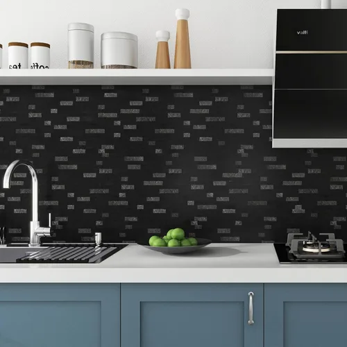 Miniatura 2 de Azulejos de mosaico de piedra natural 3D de 5 hojas, 12 x 11 pulgadas para despegar y pegar, azulejos de pared autoadhesivos negros mixtos