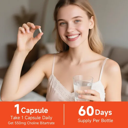 Miniatura 6 de Bitartrato de colina de 550 mg, apoya la salud del hígado y el cerebro, suplementos de colina de alta absorción, sin OMG, sin gluten, fabricado