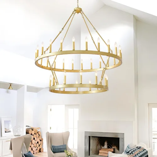 Miniatura 5 de EGM Candelabro dorado de 48 pulgadas con rueda de carro de 2 niveles, 36 luces grandes de color dorado cepillado estilo granja, lámparas de techo