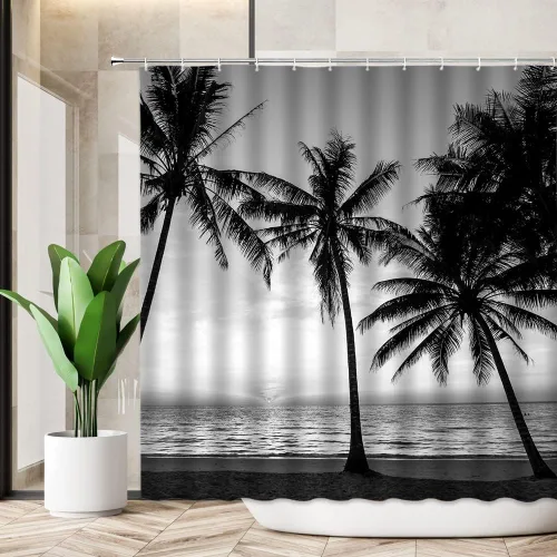Cortina de ducha de palmera blanca y negra, playa, paisaje oceánico, selva tropical, planta hawaiana, moderna, exótica, poliéster, decoración de