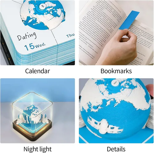 Miniatura 6 de Bloc de notas con calendario de piezas de tiempo 2026, calendario de escritorio 3D Earth 2026, bloc de notas con luz, calendario artístico 3D