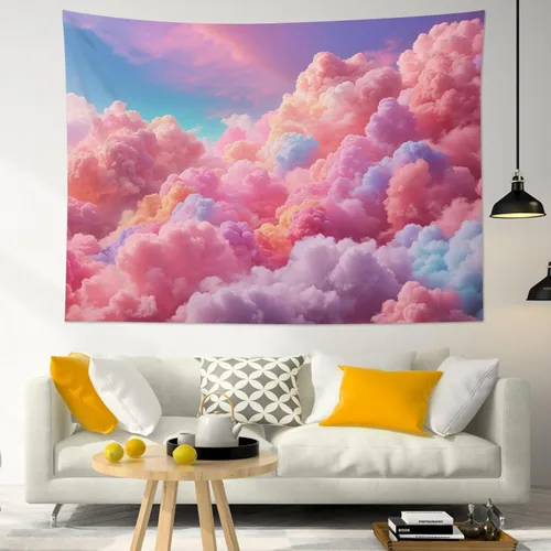 LB Tapiz de nube rosa para colgar en la pared, cielo azul y fantasía, nube pastel, paisaje natural, tapiz de pared para dormitorio, arte de pared