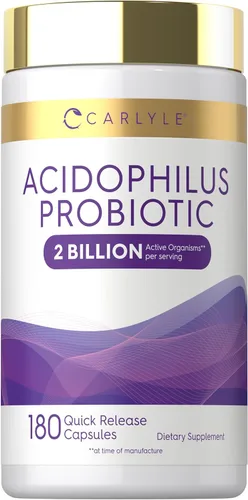 Carlyle Acidophilus Probiótico para la salud digestiva de mujeres y hombres | 2 mil millones de UFC | 180 cápsulas de liberación rápida | Sin OMG y