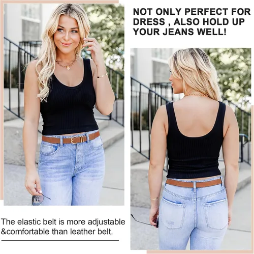 Miniatura 3 de WERFORU Paquete de 2 o 3 cinturones elásticos ajustados para mujer, con hebilla dorada, cinturón elástico fino para jeans de vestir