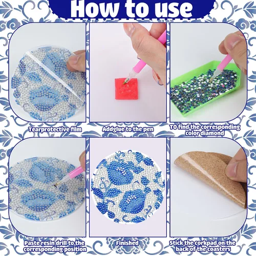 Miniatura 3 de Juego de posavasos con diseño de diamantes de flores azules, posavasos de diamante acrílico 5D con base de corcho y soporte para adultos, 8