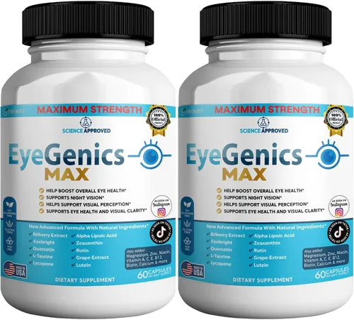 Miniatura 7 de EyeGenics Max Vision Support Supplement, 60 cápsulas, fórmula de salud ocular de máxima fuerza con luteína, extracto de arándano, vitaminas (1)