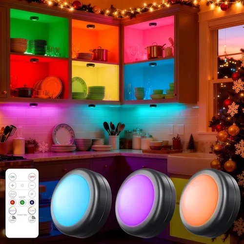 Yiliaw Paquete de 3 luces LED de disco con control remoto, luces de cambio de 16 colores para debajo del gabinete, luces operadas con pilas, luz